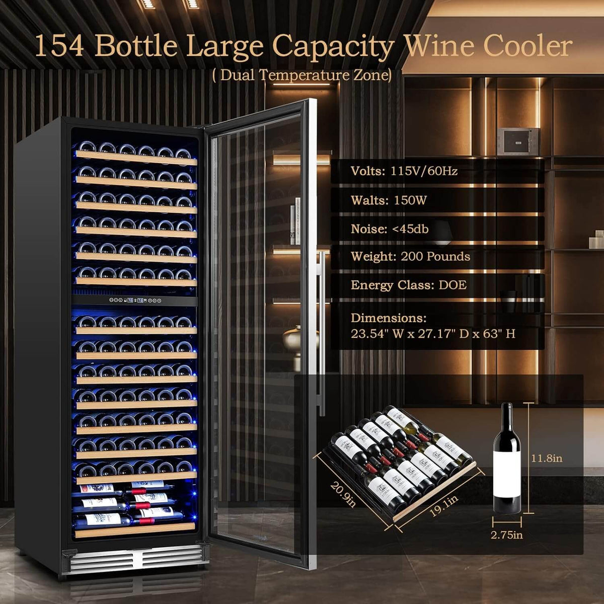 AOBOSI 24 inch Wine Cooler 154 Bottles Capacity Dual Zone - YC-408B