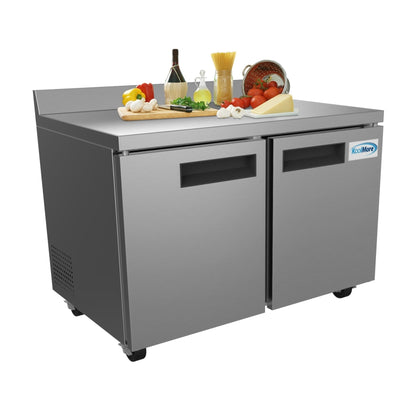 KOOLMORE 48 In. Stainless Steel Two-Door Worktop Commercial Freezer with 3.5 in. Backsplash, 12 Cu. Ft. - FWT2D12C