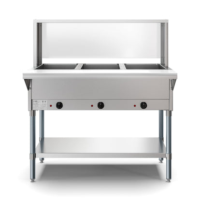 KOOLMORE Three Pan Open Well Electric Steam Table with Undershelf and Sneeze-Guard, - KMOWS3SG