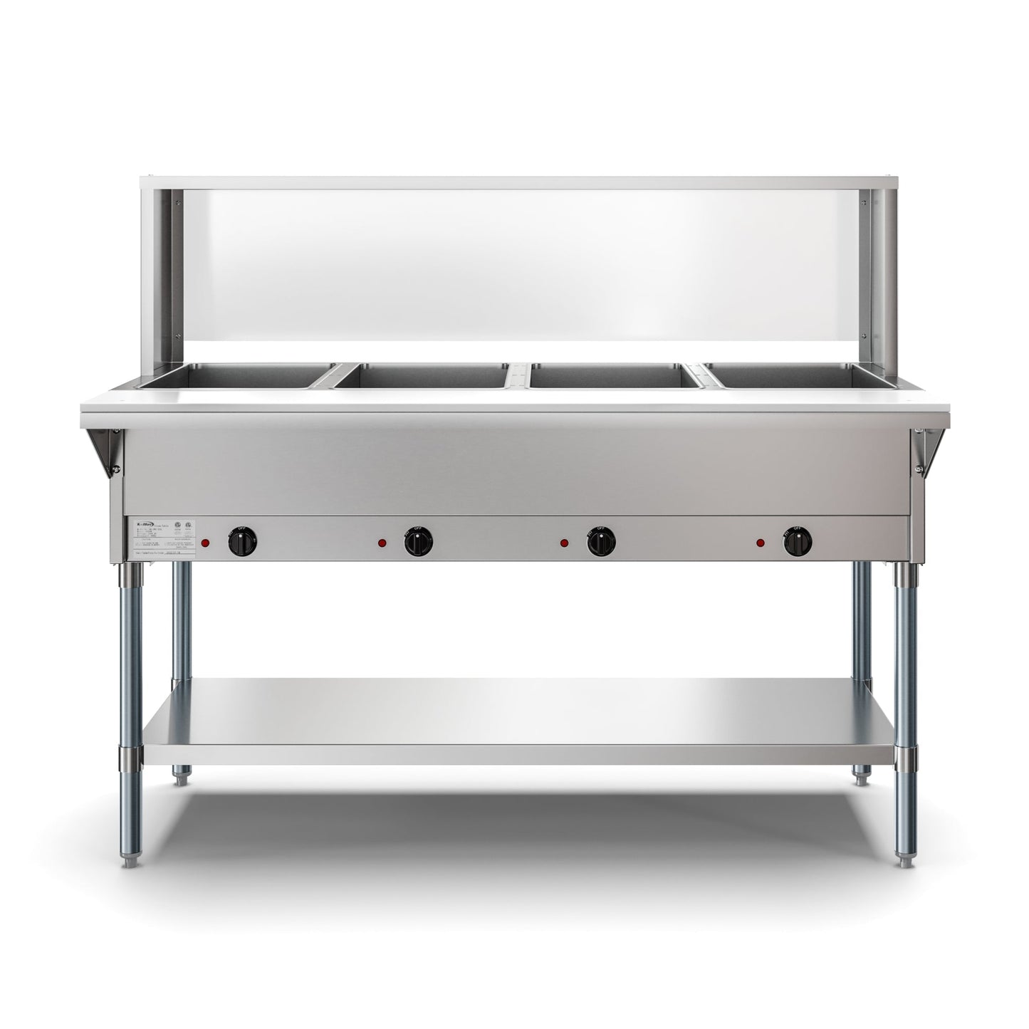 KOOLMORE Four Pan Open Well Electric Steam Table with Undershelf and Sneeze-Guard, - KMOWS4SG