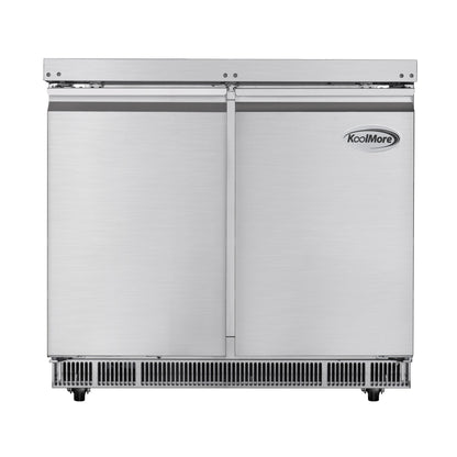 KOOLMORE 36 in. Commercial Refrigerated Prep Station Cold Table, Stainless-Steel Refrigerator with 6-Pan (Not Included) with Cover Capacity and Two Adjustable Shelves  - KM-RBT-36C
