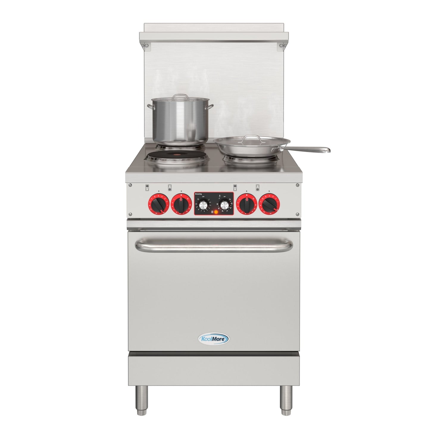 KOOLMORE 24 In. Commercial Electric Range with 4 Burners and 1 Standard Electric Oven in Stainless Steel - 208V 3 Phase - KMCR24E