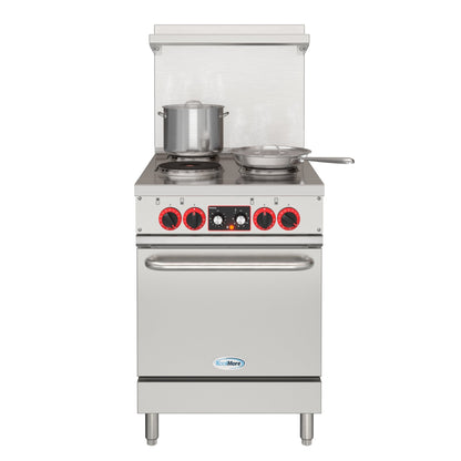 KOOLMORE 24 In. Commercial Electric Range with 4 Burners and 1 Standard Electric Oven in Stainless Steel - 208V 3 Phase - KMCR24E