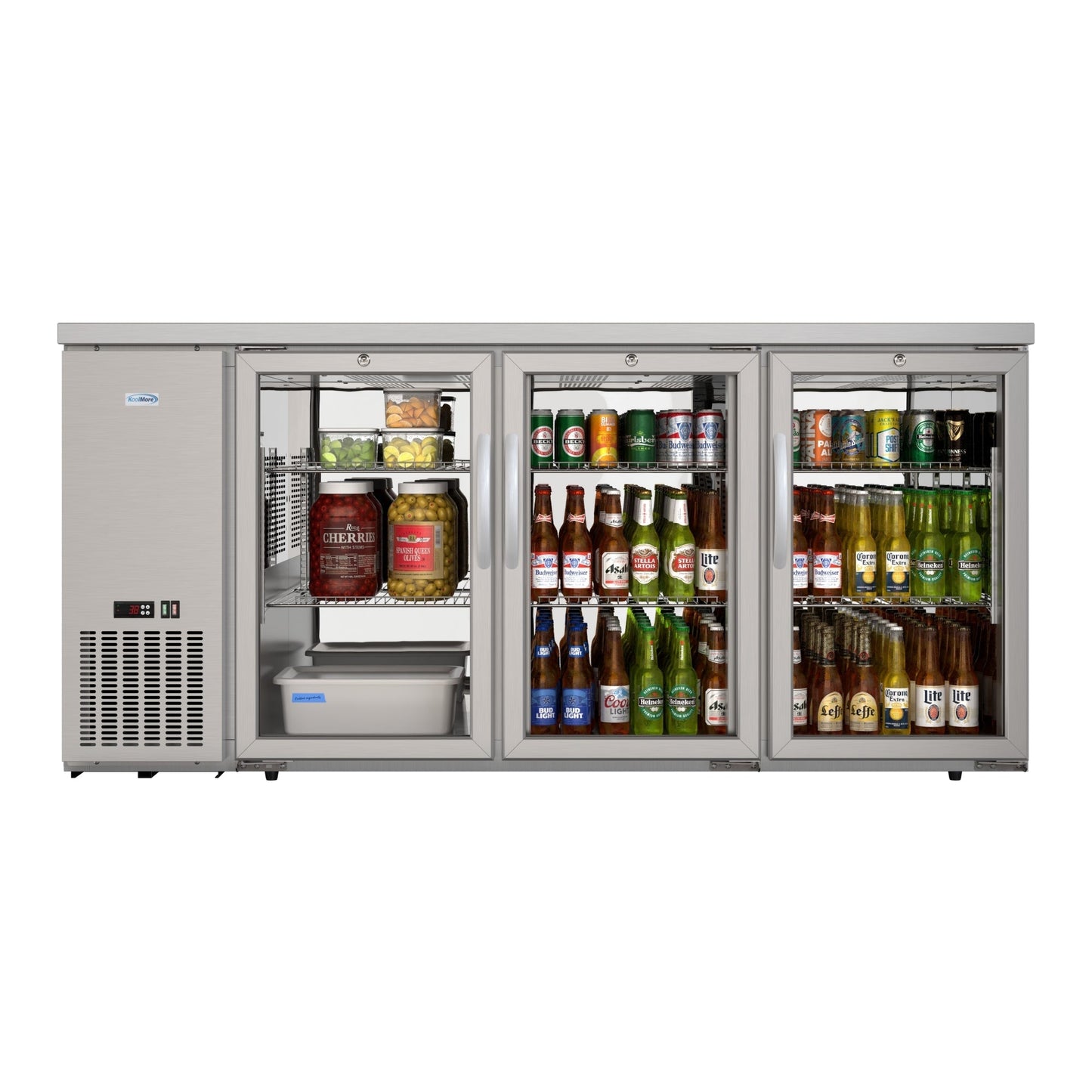 KOOLMORE 72 in. Commercial Three Glass Door Back Bar Cooler Refrigerator with Side Condenser and Compressor, LED Lighting, 18 Cu. Ft Capacity in Stainless-Steel  - KMBC3GDSCSS