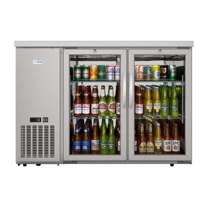 KOOLMORE 47 in. Commercial Two Glass Door Back Bar Cooler Refrigerator with Side Condenser and Compressor, LED Lighting, 11 Cu. Ft Capacity in Stainless-Steel  - KMBC2GDSCSS