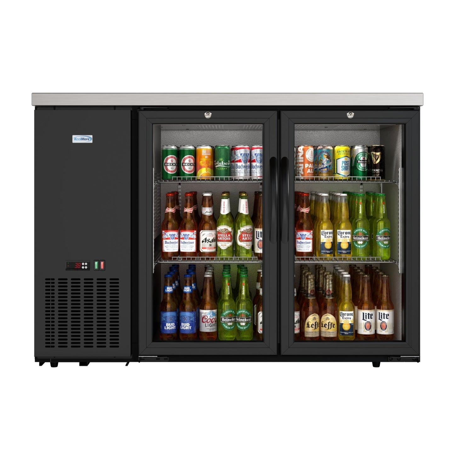 KOOLMORE 47 in. Commercial Two Glass Door Back Bar Cooler Refrigerator with Side Condenser and Compressor, LED Lighting, 11 Cu. Ft Capacity in Black  - KMBC2GDSCBK