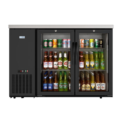 KOOLMORE 47 in. Commercial Two Glass Door Back Bar Cooler Refrigerator with Side Condenser and Compressor, LED Lighting, 11 Cu. Ft Capacity in Black  - KMBC2GDSCBK