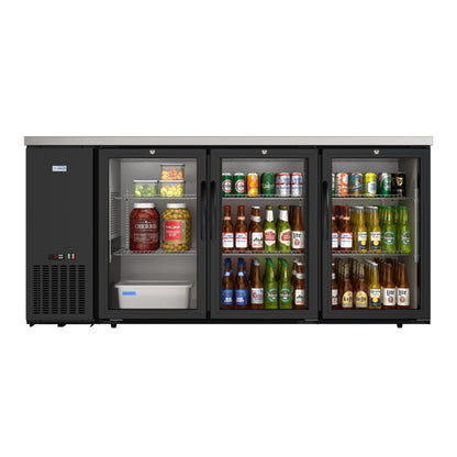 KOOLMORE 72 in. Commercial Three Glass Door Back Bar Cooler Refrigerator with Side Condenser and Compressor, LED Lighting, 18 Cu. Ft Capacity in Black  - KMBC3GDSCBK