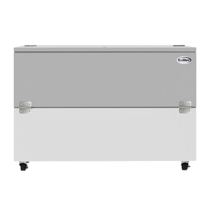 KOOLMORE 58 in. Commercial Milk Cooler for School and Cafeteria, 16 Crate Capacity with Heavy Duty Casters in Stainless Steel and White  - KMMC58HDC