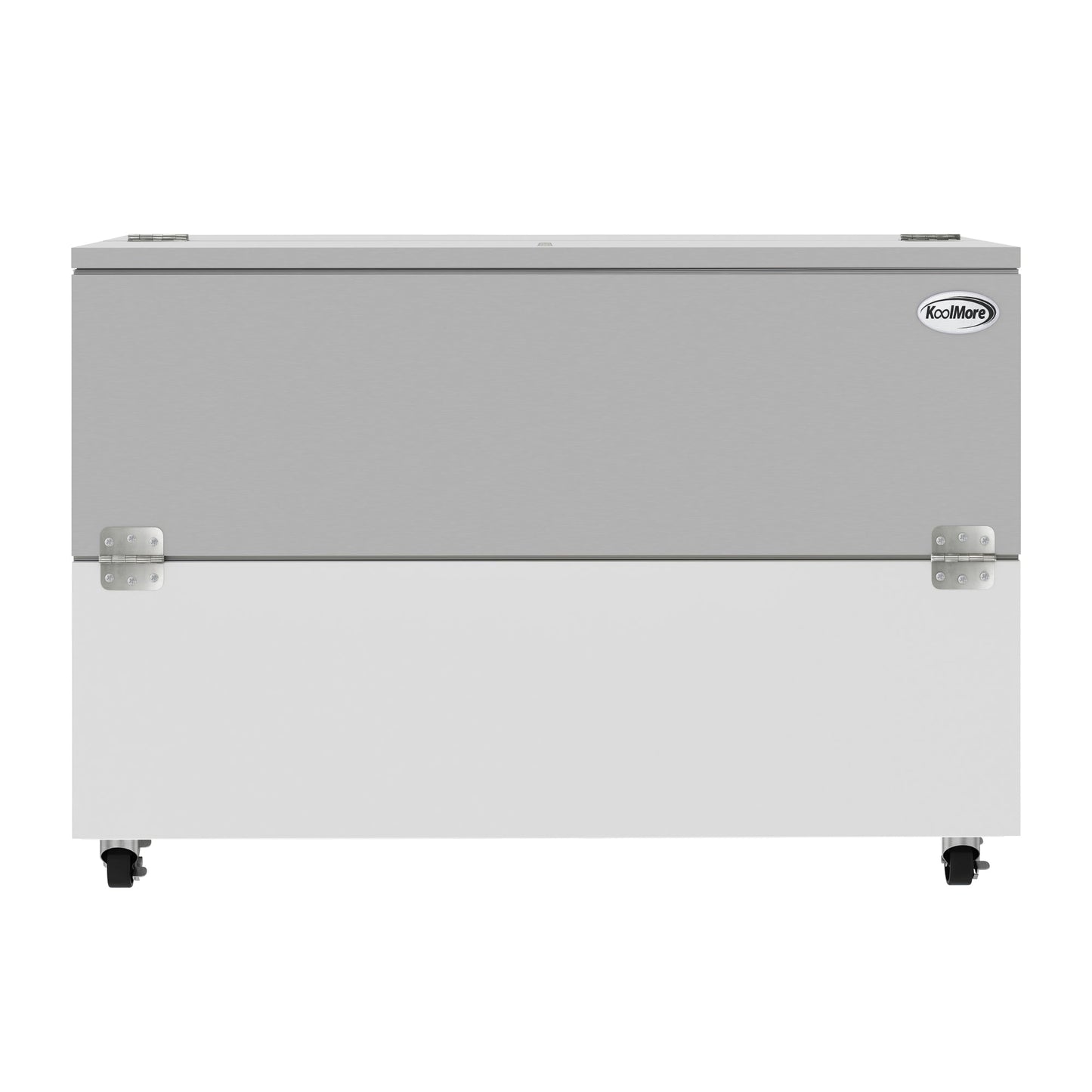 KOOLMORE 58 in. Commercial Milk Cooler for School and Cafeteria, 16 Crate Capacity with Heavy Duty Casters in Stainless Steel and White  - KMMC58HDC