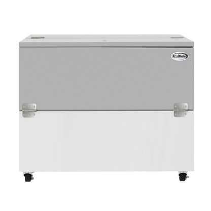KOOLMORE 49 in. Commercial Milk Cooler for School and Cafeteria, 12 Crate Capacity with Heavy Duty Casters in Stainless Steel and White  - KMMC49HDC