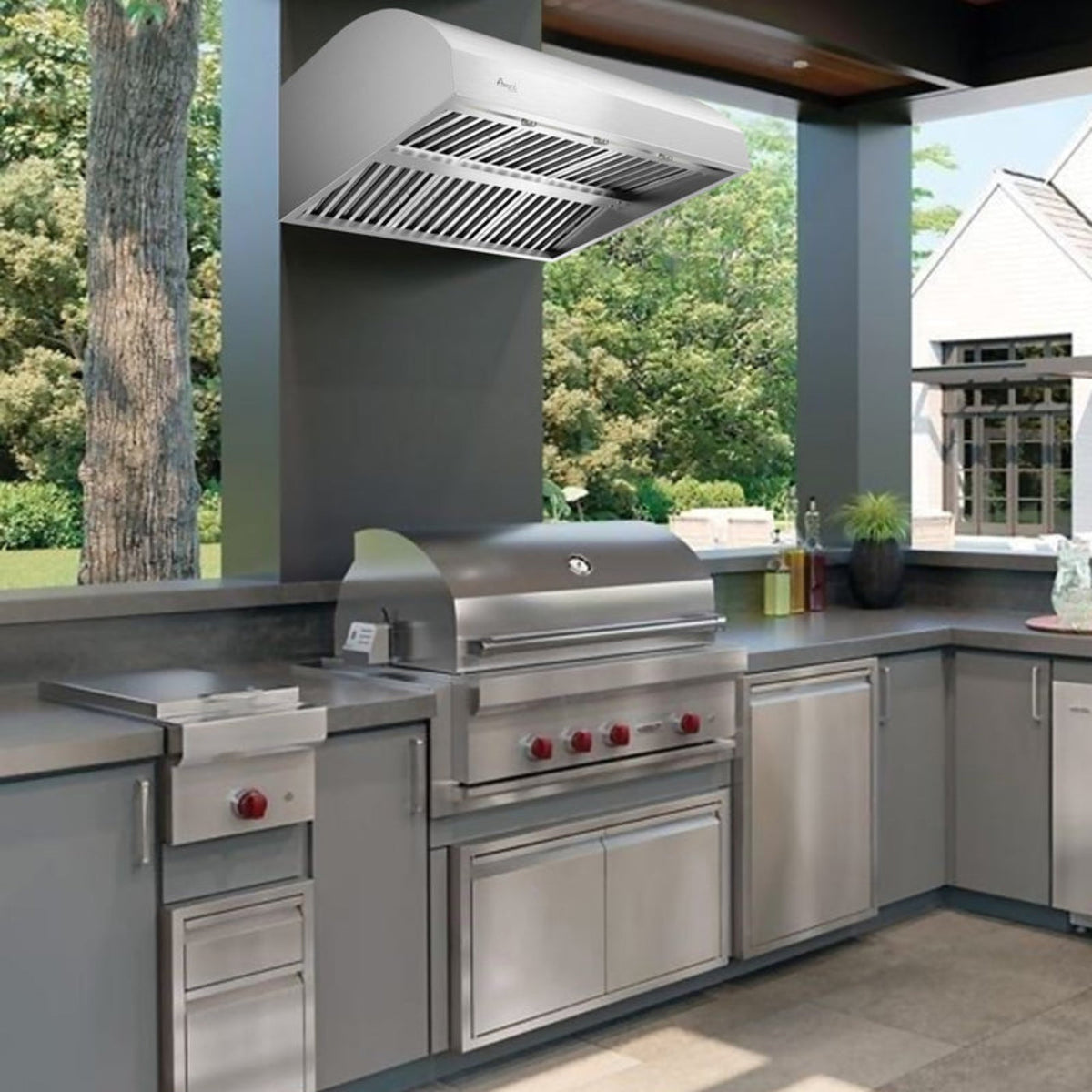Awoco 42” Outdoor BBQ Vent Hood 17” High Type 304 Stainless Steel, 4 Speeds 2000 CFM, Dual Blowers, Adjustable LED Lights, 8” Round Top Vent - AWC-RH-WM-BBQ42