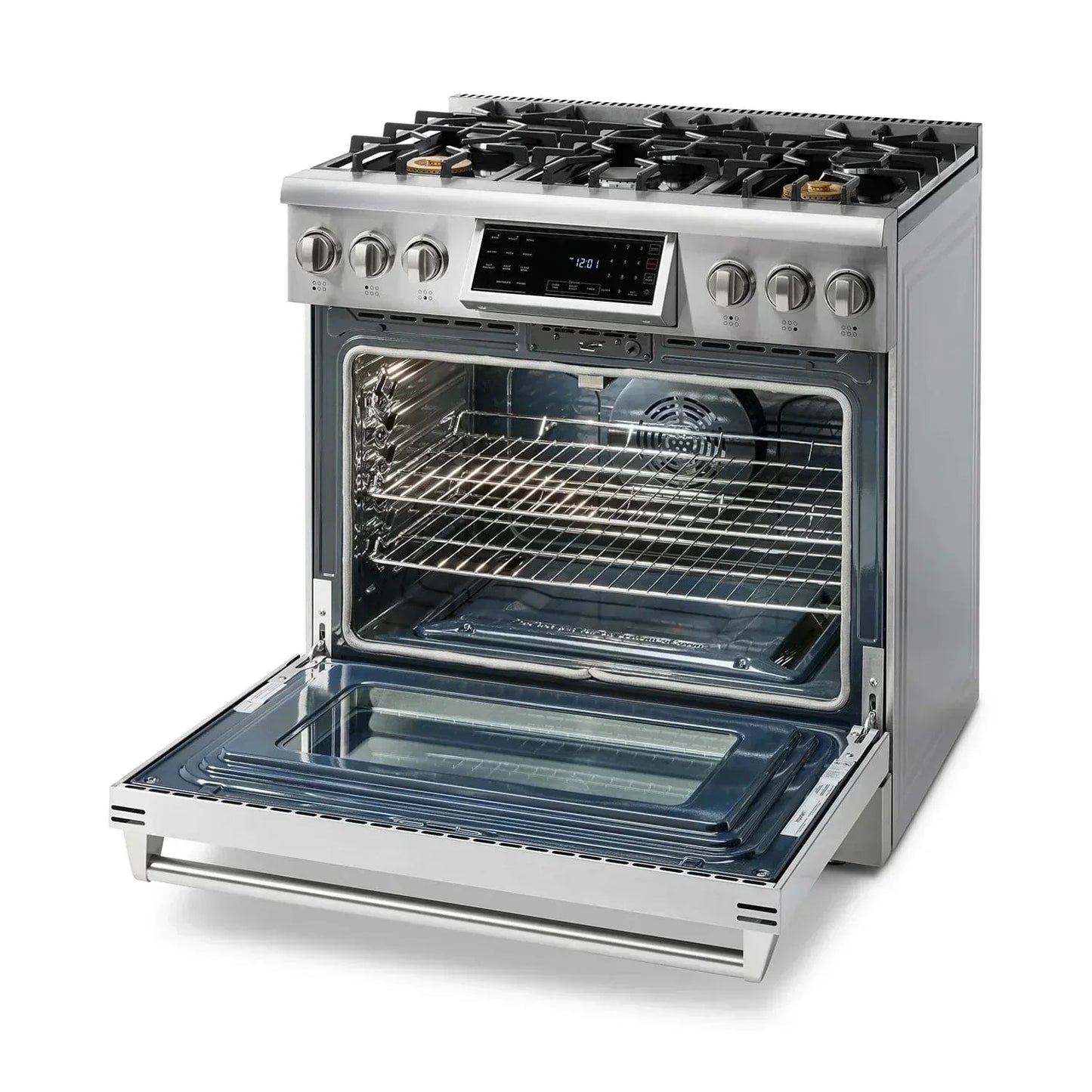 Thor Kitchen Appliance Package - 36 In. Gas Range, Range Hood, Microwave Drawer, Refrigerator with Water and Ice Dispenser, Dishwasher, AP-TRG3601-W-9