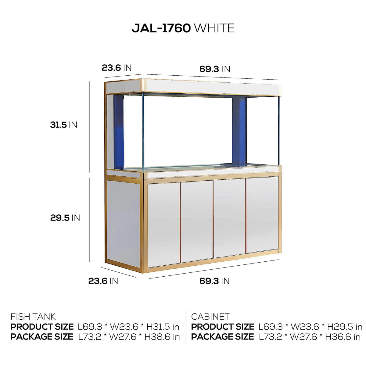 AQUA DREAM 220 GALLON TEMPERED GLASS AQUARIUM WHITE AND GOLD-AD-1760-WT