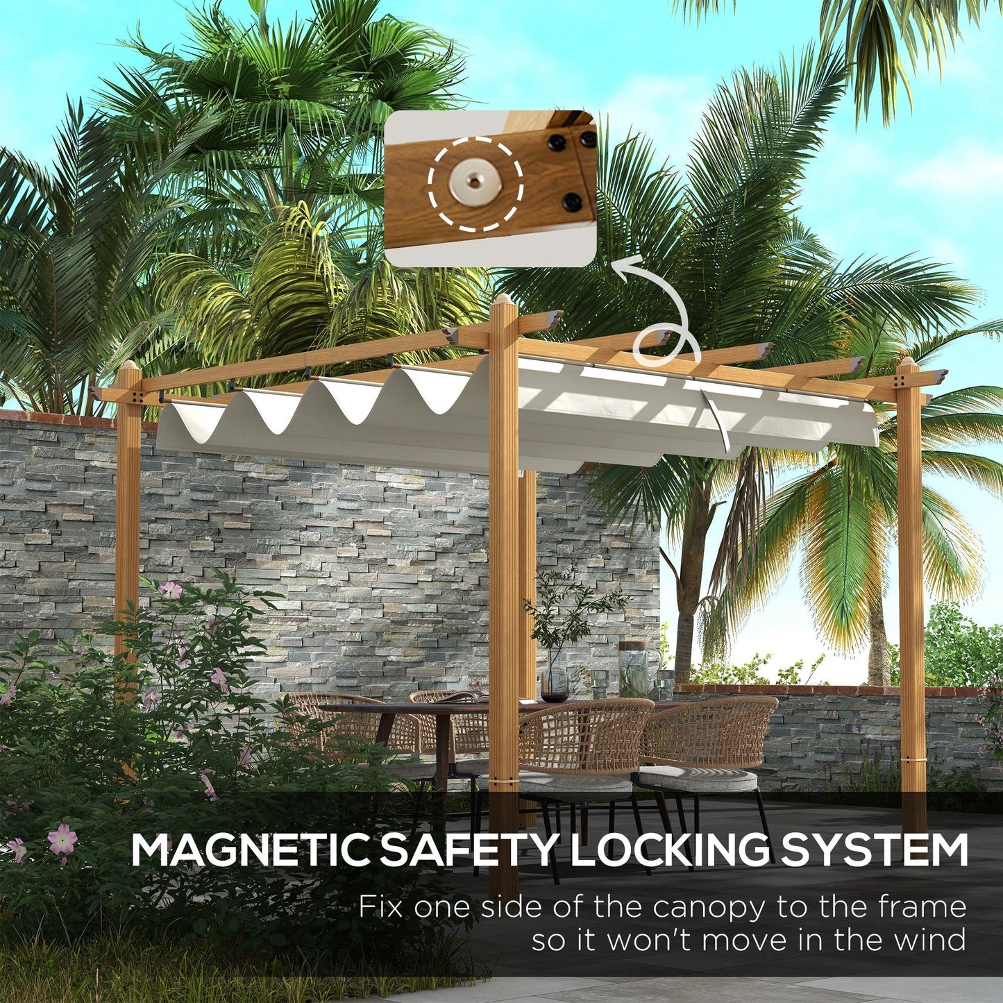 Outsunny 10' x 12' Retractable Pergola Canopy, Wood Grain Aluminum Frame, for Outdoor Shade Shelter, Cream - 84C-472V01ND