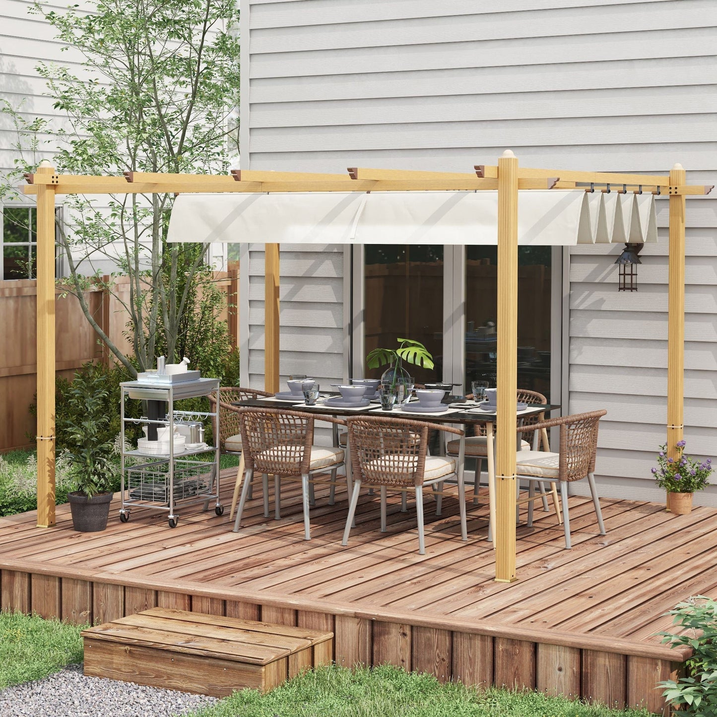 Outsunny 10' x 12' Retractable Pergola Canopy, Wood Grain Aluminum Frame, for Outdoor Shade Shelter, Cream - 84C-472V01ND
