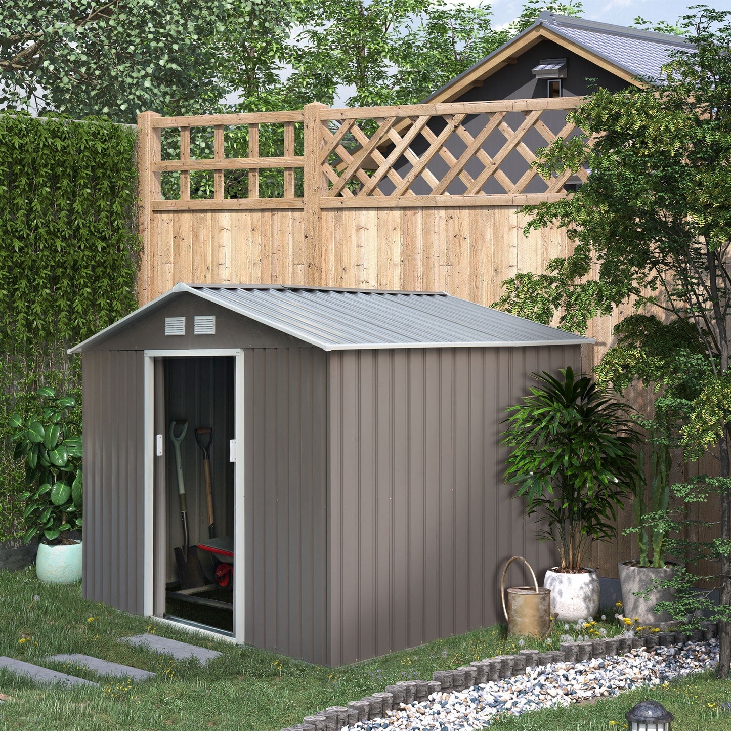 Outsunny EverBase 9' x 6' Outdoor Storage Shed with Foundation Kit, Double Lockable Door & Air Vents, Gray - 845-031GY