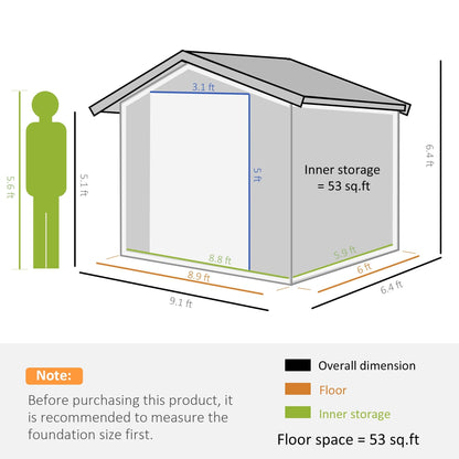 Outsunny EverBase 9' x 6' Outdoor Storage Shed with Foundation Kit, Double Lockable Door & Air Vents, Gray - 845-031GY