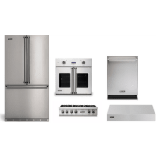 Viking 5-Piece Package 36 Counter-Depth French-Door Refrigerator and 36 Gas Rangetop and VSOF7301SS 30 Single Convection Electric Wall Oven and 24 Integrated Dishwasher and 36 Wall Mount Range Hood - RVFFR336SS