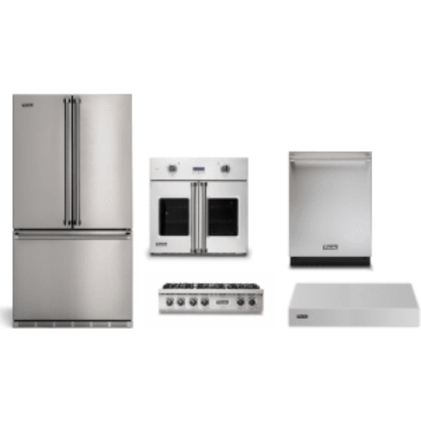 Viking 5-Piece Package 36 Counter-Depth French-Door Refrigerator and 36 Gas Rangetop and VSOF7301SS 30 Single Convection Electric Wall Oven and 24 Integrated Dishwasher and 36 Wall Mount Range Hood - RVFFR336SS