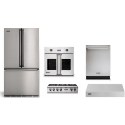 Viking 5-Piece Package 36 Counter-Depth French-Door Refrigerator and 36 Gas Rangetop and VSOF7301SS 30 Single Convection Electric Wall Oven and 24 Integrated Dishwasher and 36 Wall Mount Range Hood - RVFFR336SS