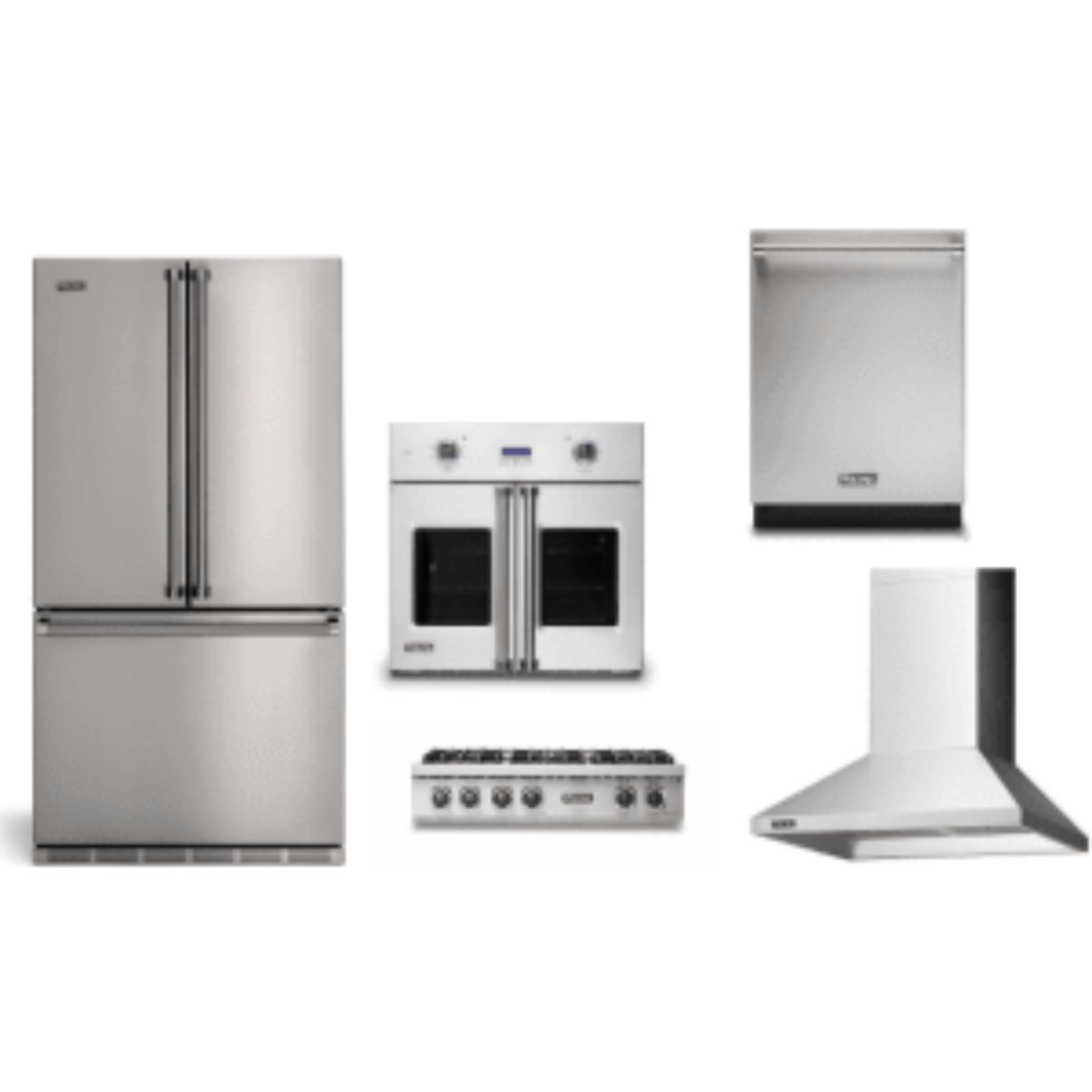 Viking 5-Piece Package 36 Counter-Depth French-Door Refrigerator and 36 Gas Rangetop and VSOF7301SS 30 Single Convection Electric Wall Oven and 24 Integrated Dishwasher and 36 Wall Mount Range Hood - RVFFR336SS