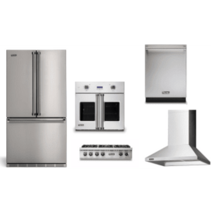 Viking 5-Piece Package 36 Counter-Depth French-Door Refrigerator and 36 Gas Rangetop and VSOF7301SS 30 Single Convection Electric Wall Oven and 24 Integrated Dishwasher and 36 Wall Mount Range Hood - RVFFR336SS