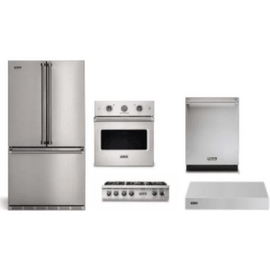 Viking 5-Piece Package 36 Counter-Depth French-Door Refrigerator and 36 Gas Rangetop and VSOE527SS 27 Single Electric Wall Oven and 24 Integrated Dishwasher and 36 Wall Mount Range Hood - RVFFR336SS