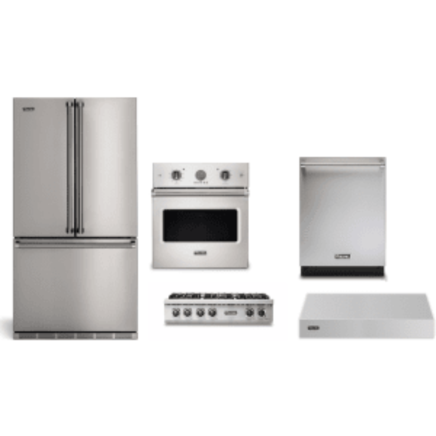 Viking 5-Piece Package 36 Counter-Depth French-Door Refrigerator and 36 Gas Rangetop and VSOE527SS 27 Single Electric Wall Oven and 24 Integrated Dishwasher and 36 Wall Mount Range Hood - RVFFR336SS