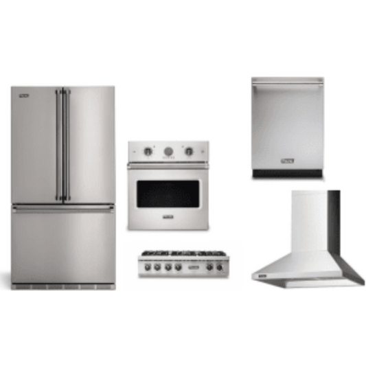 Viking 5-Piece Package 36 Counter-Depth French-Door Refrigerator and 36 Gas Rangetop and VSOE527SS 27 Single Electric Wall Oven and 24 Integrated Dishwasher and 36 Wall Mount Range Hood - RVFFR336SS