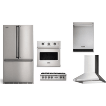 Viking 5-Piece Package 36 Counter-Depth French-Door Refrigerator and 36 Gas Rangetop and VSOE527SS 27 Single Electric Wall Oven and 24 Integrated Dishwasher and 36 Wall Mount Range Hood - RVFFR336SS