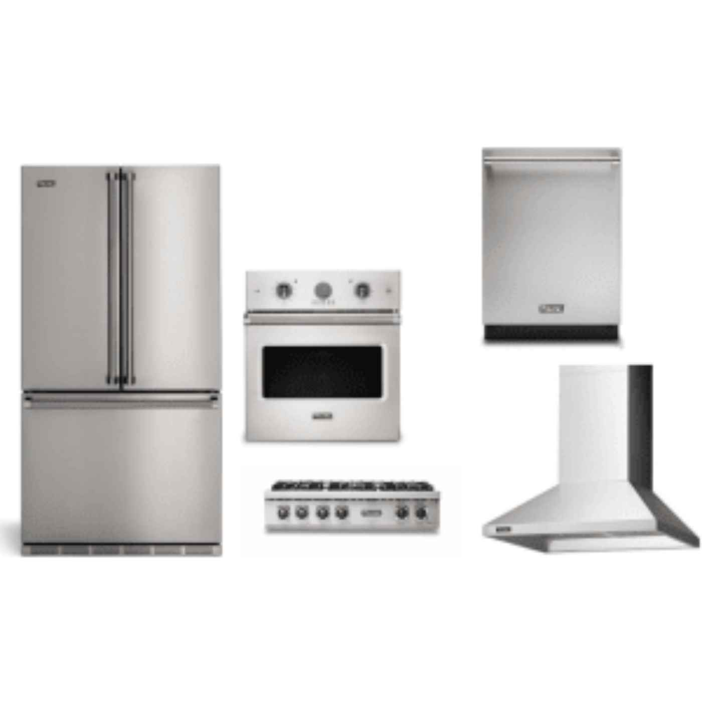 Viking 5-Piece Package 36 Counter-Depth French-Door Refrigerator and 36 Gas Rangetop and VSOE527SS 27 Single Electric Wall Oven and 24 Integrated Dishwasher and 36 Wall Mount Range Hood - RVFFR336SS
