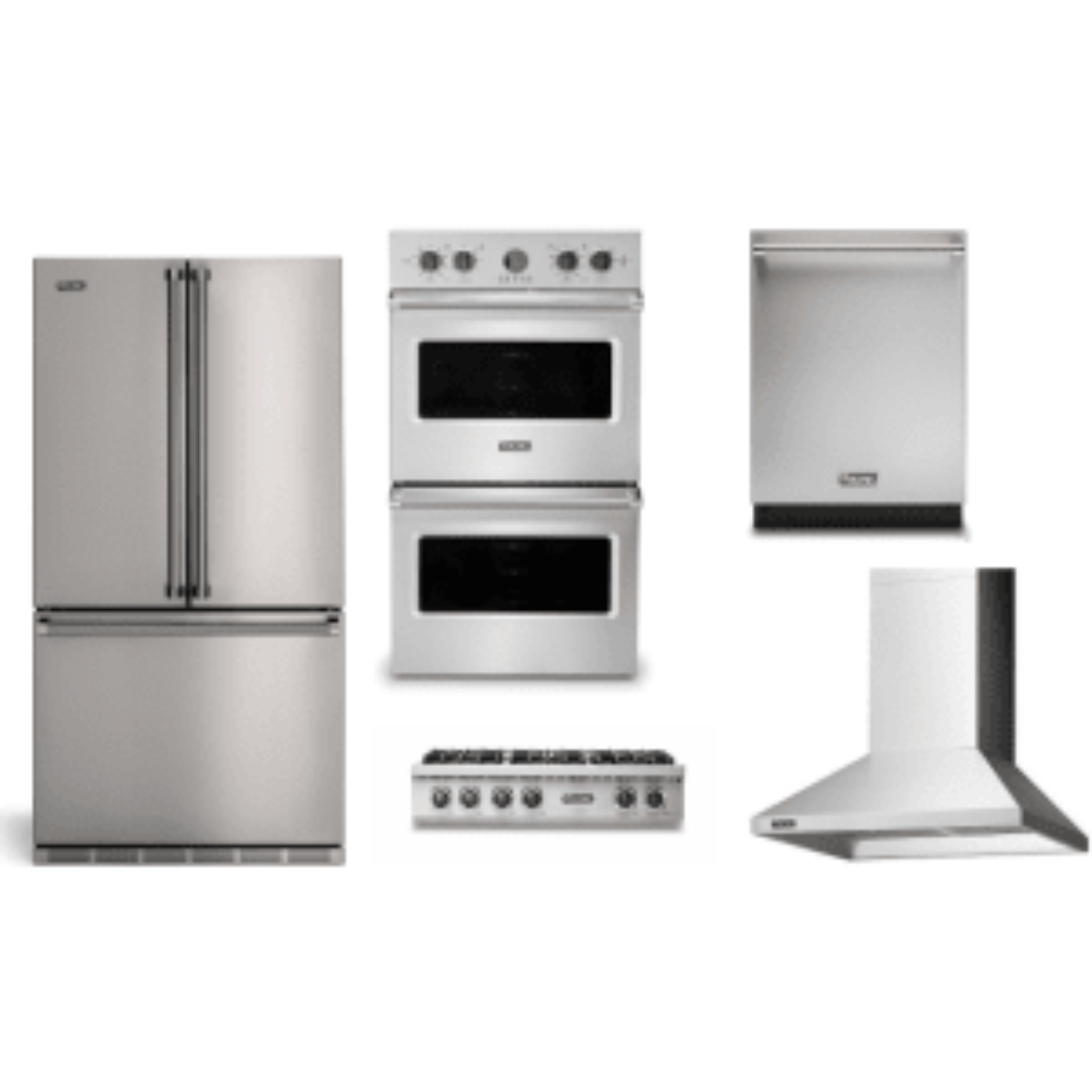 Viking 5-Piece Package 36 Counter-Depth French-Door Refrigerator and 36 Gas Rangetop and VDOE530SS 30 Double Electric Wall Oven and 24 Integrated Dishwasher and 36 Wall Mount Range Hood - RVFFR336SS