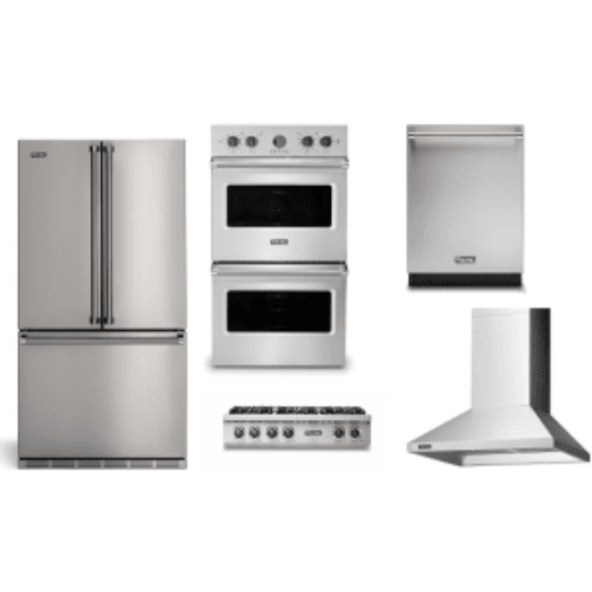 Viking 5-Piece Package 36 Counter-Depth French-Door Refrigerator and 36 Gas Rangetop and VDOE530SS 30 Double Electric Wall Oven and 24 Integrated Dishwasher and 36 Wall Mount Range Hood - RVFFR336SS