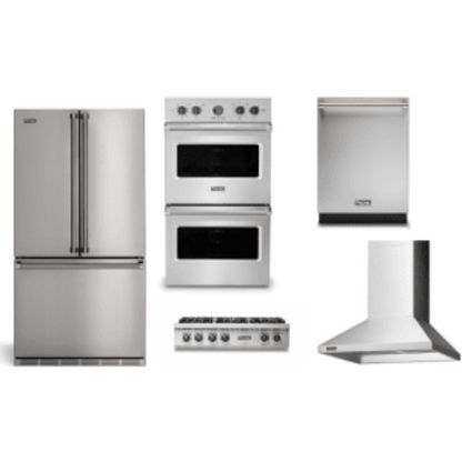 Viking 5-Piece Package 36 Counter-Depth French-Door Refrigerator and 36 Gas Rangetop and VDOE530SS 30 Double Electric Wall Oven and 24 Integrated Dishwasher and 36 Wall Mount Range Hood - RVFFR336SS