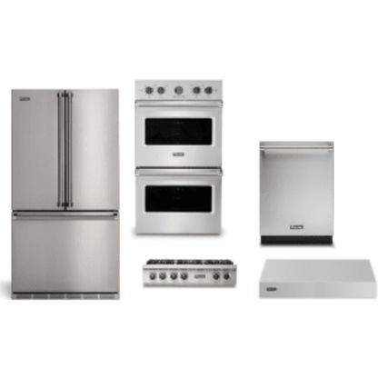 Viking 5-Piece Package36 Counter-Depth French-Door Refrigerator and 36 Gas Rangetop and 30 Double Electric Wall Oven and 24 Integrated Dishwasher and 36 Wall Mount Range Hood - RVFFR336SS