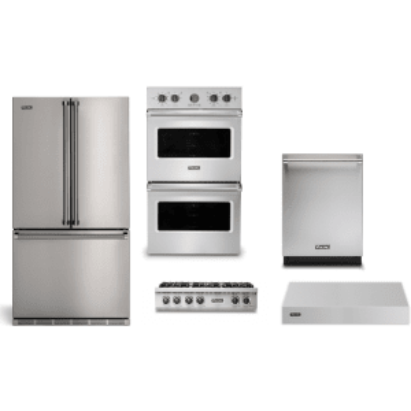 Viking 5-Piece Package36 Counter-Depth French-Door Refrigerator and 36 Gas Rangetop and 30 Double Electric Wall Oven and 24 Integrated Dishwasher and 36 Wall Mount Range Hood - RVFFR336SS