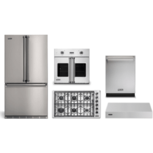 Viking 5-Piece Package 36 Counter-Depth French-Door Refrigerator and 36 5 Cooktop and 30 Wall Oven and 24 Integrated Dishwasher and 36 Hood - RVFFR336SS