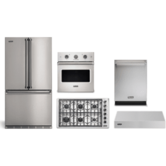 Viking 5-Piece Package 36 Counter-Depth French-Door Refrigerator and 36 Professional 5 Series Gas Cooktop and 27 Single Electric Wall Oven and 24 Integrated Dishwasher and VWH536121SS 36 Wall Mount Range Hood - VDWU524SS