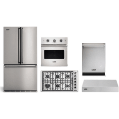 Viking 5-Piece Package 36 Counter-Depth French-Door Refrigerator and 36 Professional 5 Series Gas Cooktop and 27 Single Electric Wall Oven and 24 Integrated Dishwasher and VWH536121SS 36 Wall Mount Range Hood - VDWU524SS