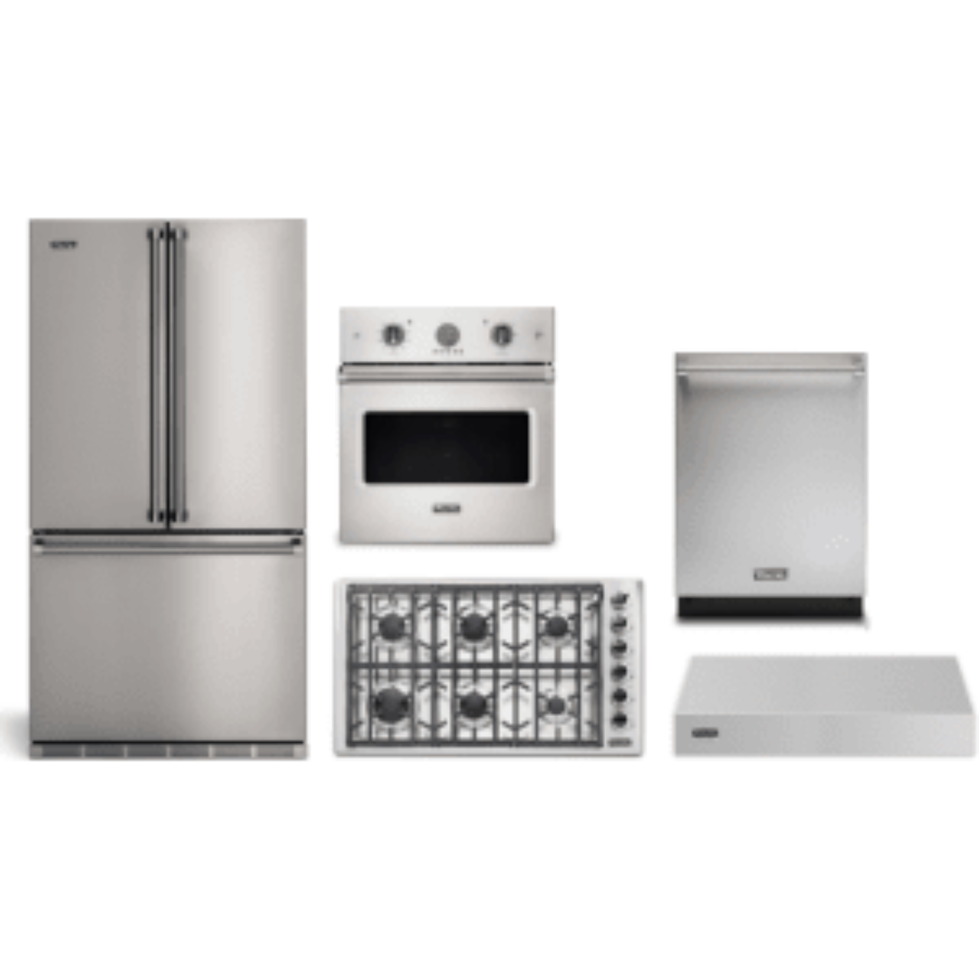 Viking 5-Piece Package 36 Counter-Depth French-Door Refrigerator and 36 Professional 5 Series Gas Cooktop and 27 Single Electric Wall Oven and 24 Integrated Dishwasher and VWH536121SS 36 Wall Mount Range Hood - VDWU524SS