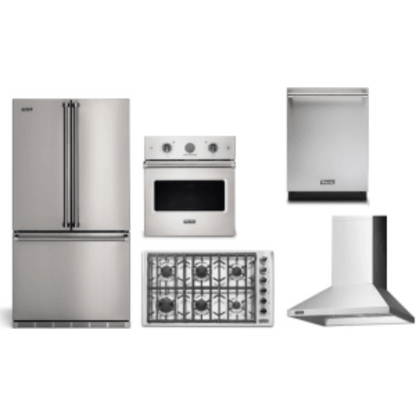 Viking 5-Piece Package 36 Counter-Depth French-Door Refrigerator and 36 Professional 5 Series Gas Cooktop and VSOE527SS 27 Single Electric Wall Oven and 24 Integrated Dishwasher and 36 Wall Mount Range Hood - VDWU524SS