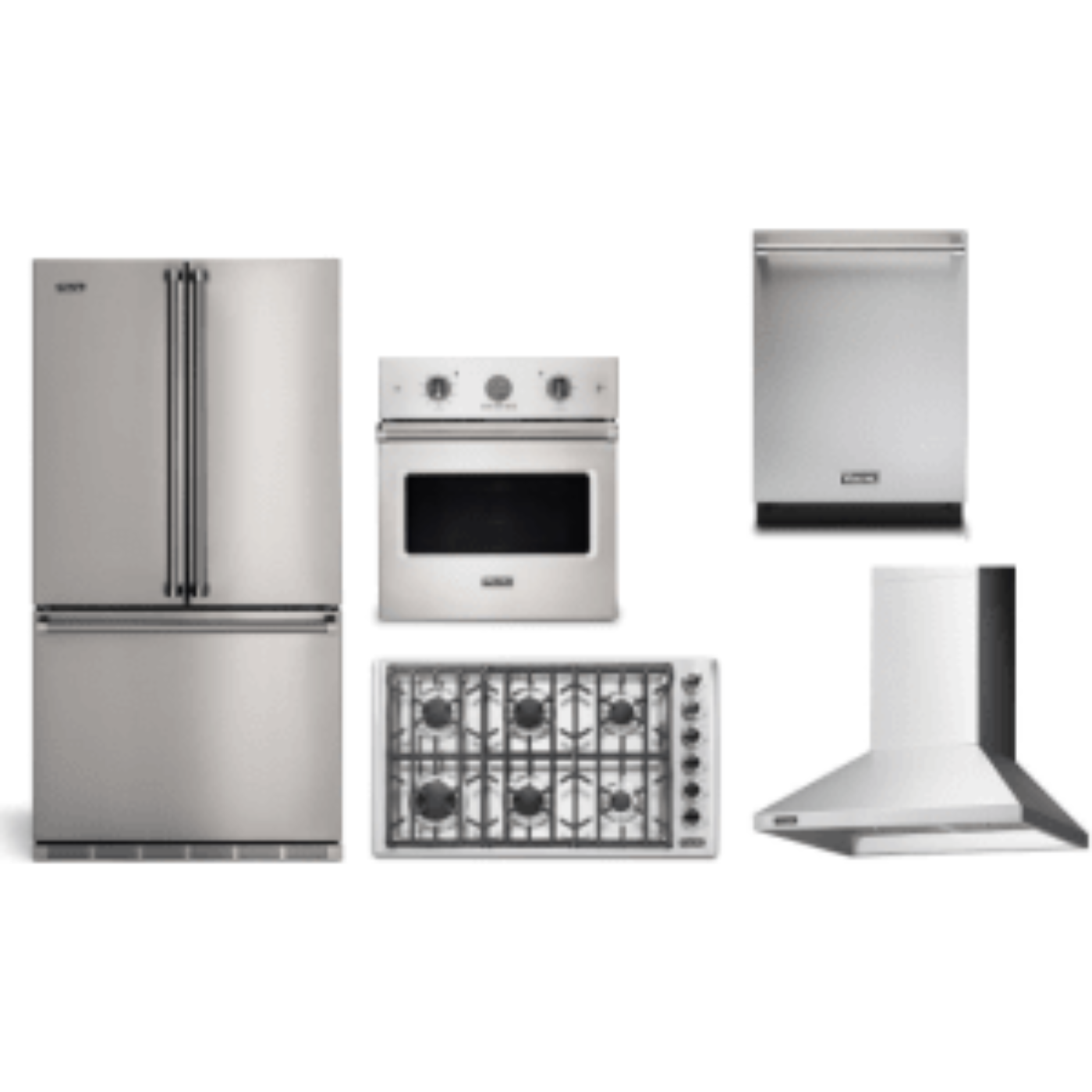 Viking 5-Piece Package 36 Counter-Depth French-Door Refrigerator and 36 Professional 5 Series Gas Cooktop and VSOE527SS 27 Single Electric Wall Oven and 24 Integrated Dishwasher and 36 Wall Mount Range Hood - VDWU524SS