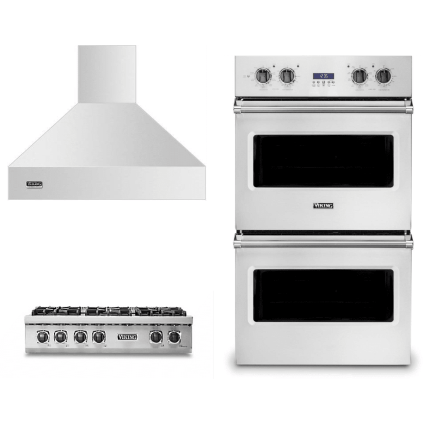Viking 3-Piece Package 36 Inch Gas Rangetop and 30 Inch Built-In Double Electric Wall Ove and 36 Inch Wall Mount Range Hoo - VDOE130SS