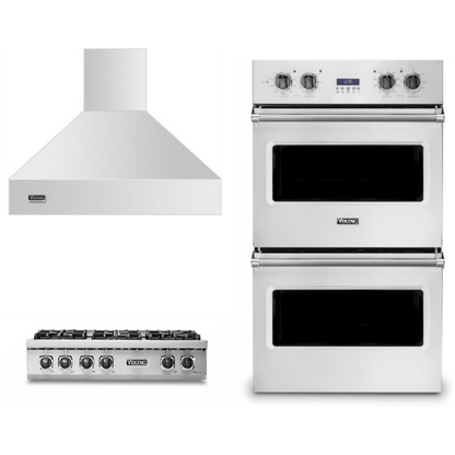 Viking 3-Piece Package 36 Inch Gas Rangetop and 30 Inch Built-In Double Electric Wall Ove and 36 Inch Wall Mount Range Hoo - VDOE130SS