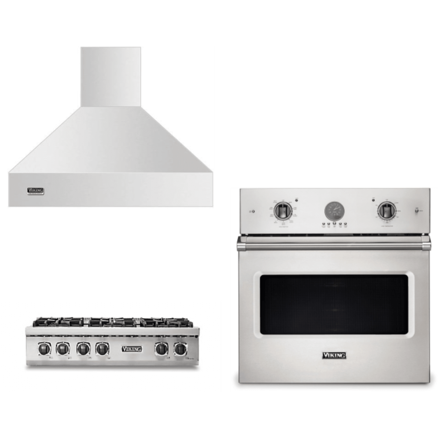 Viking 3-Piece Package 36 Inch Gas Rangetop and 30 Inch Single Wall Ove and 36 Inch Wall Mount Range Hoo - VSOE530SS