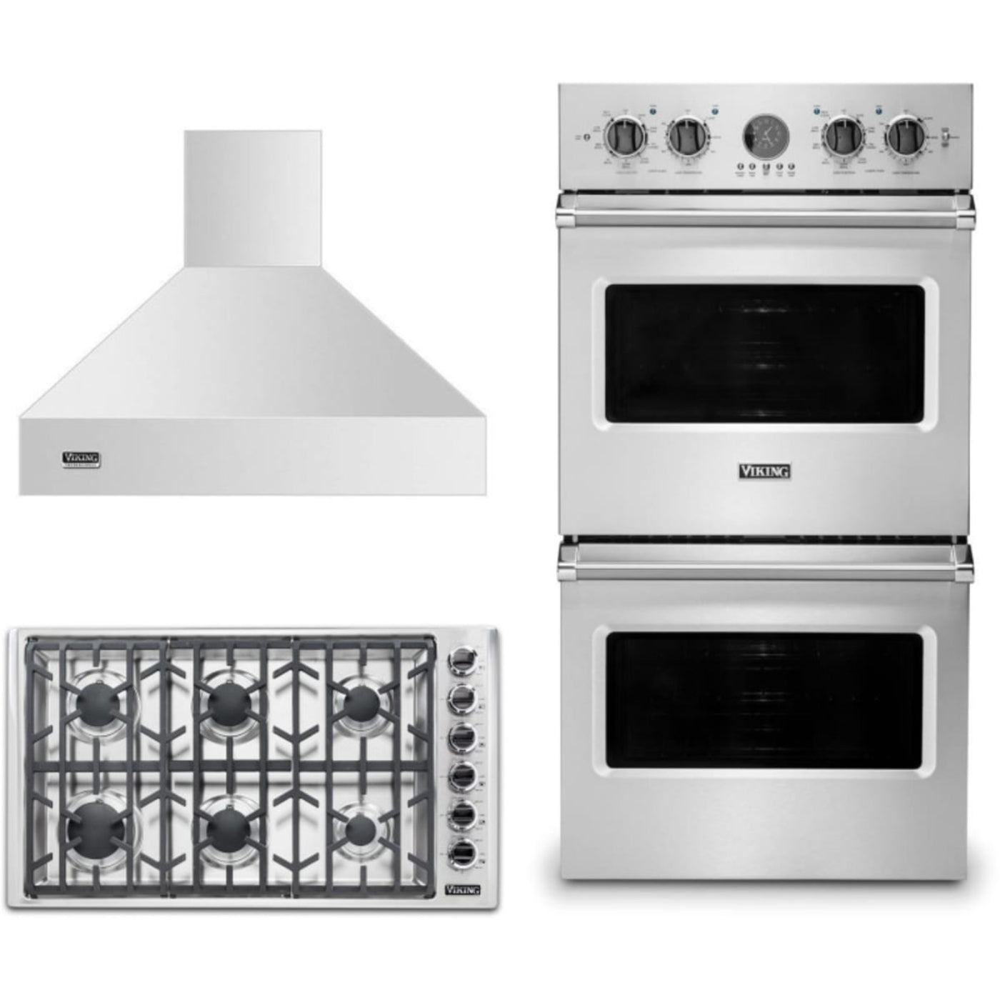 Viking 3-Piece Package 36 Inch Professional 5 Series Gas Cooktop and 27 Inch Double Convection Electric Wall Ove and 36 Inch Wall Mount Range Hoo - VDOE527SS
