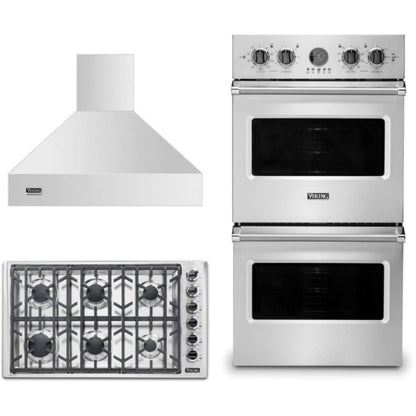 Viking 3-Piece Package 36 Inch Professional 5 Series Gas Cooktop and 27 Inch Double Convection Electric Wall Ove and 36 Inch Wall Mount Range Hoo - VDOE527SS