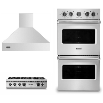 Viking 3-Piece Package 36 Inch Gas Rangetop and 27 Inch Double Convection Electric Wall Ove and 36 Inch Wall Mount Range Hoo - VDOE527SS