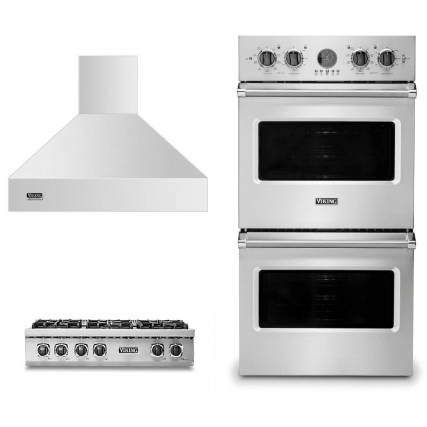 Viking 3-Piece Package 36 Inch Gas Rangetop and 27 Inch Double Convection Electric Wall Ove and 36 Inch Wall Mount Range Hoo - VDOE527SS
